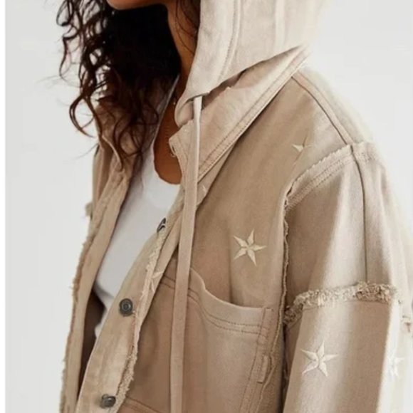 We The Free Free People Beyond the Stars Natural Tan Hooded Crop Jacket Top - Picture 3 of 8